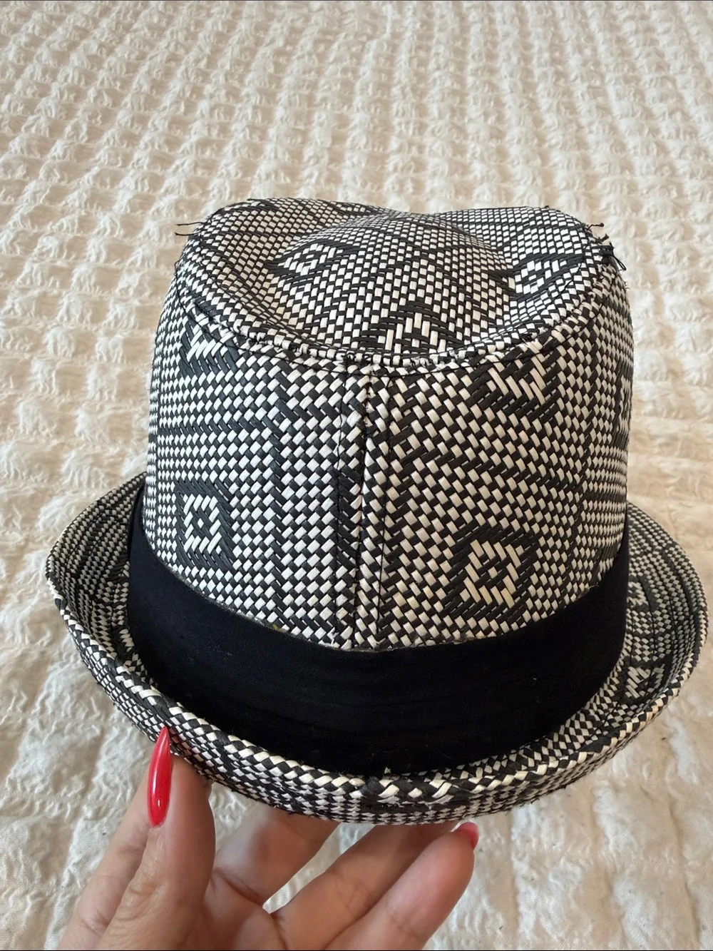 Black & White Patterned Fedora Hat with Black Band